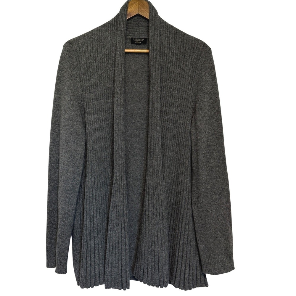 Charter Club Luxury Cashmere Cardigan Sweater Womens XL Gray Open Front Rib Knit